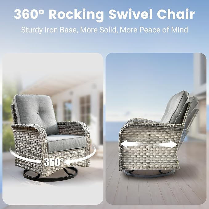8-Piece Wicker Outdoor Sectional Furniture, Wide Armrest Patio Couch with Swivel Rocking Chair Ottoman Solar Table, Modular Sofa Rattan Conversation Sets for Backyard Deck Garden, Dark Gray