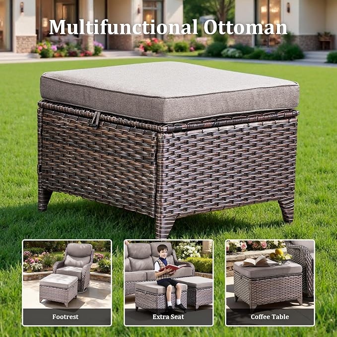 Luxury High Back Patio Furniture Set with 6-Inch Thick Cushions, 7-Pieces Outdoor Furniture with Swivel Chairs, Wicker Conversation Set for Porch, Balcony, Deck and Yard, Brown/Grey