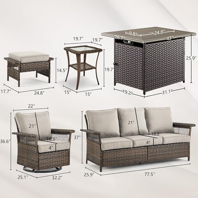 Patio Furniture Set with Fire Pit Table, 7PCS Patio Conversation Set Brown Resin Wicker Swivel Patio Chair Sofa Ottoman Set with Side Table and Fire Table PE Rattan Furniture Set