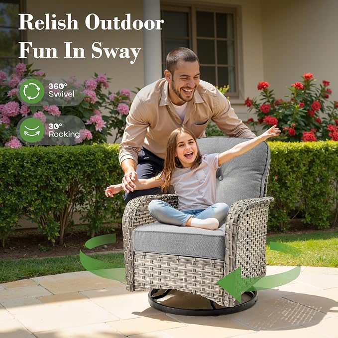 10 Piece Outdoor Patio Furniture with Swivel Rocking Chair, Rattan Wicker Conversation Set with Glowing Coffee Table, Sectional Single Chairs for Porch Balcony Backyard Pool,Grey