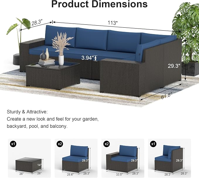 Patio Furniture Set, 6PCS Outdoor Sectional with Ottoman Wicker Rattan Patio Couch with Thickened Cushion Modular Wicker Patio Conversation Set with Glass Top Table for Balcony, Backyard(Blue)
