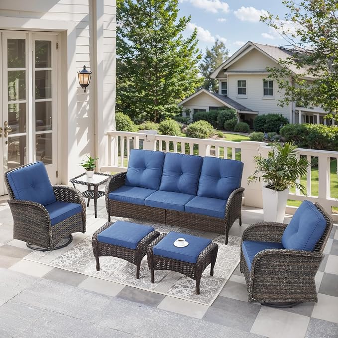 6 Pieces Furniture-Patio Swivel Rocker Chairs Set of 2 3-Seater Wicker Couch with Outdoor Ottoman Outdoor Patio Furniture Set for Deck Porch Garden Balcony Poolside-Brown/Blue