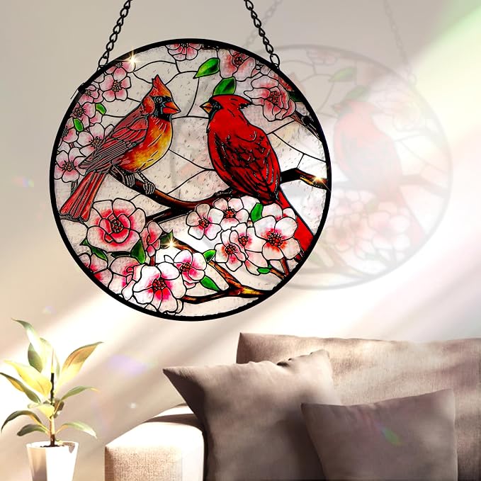Remiawy Cardinal Stained Glass Window Hanging, 10 Inch Sun Catcher Glass Panel with Metal Chain and Hooks Suncatcher Indoor Window Wall Art Home Decor Gift for Bird Lovers Women Mother's Day Christmas