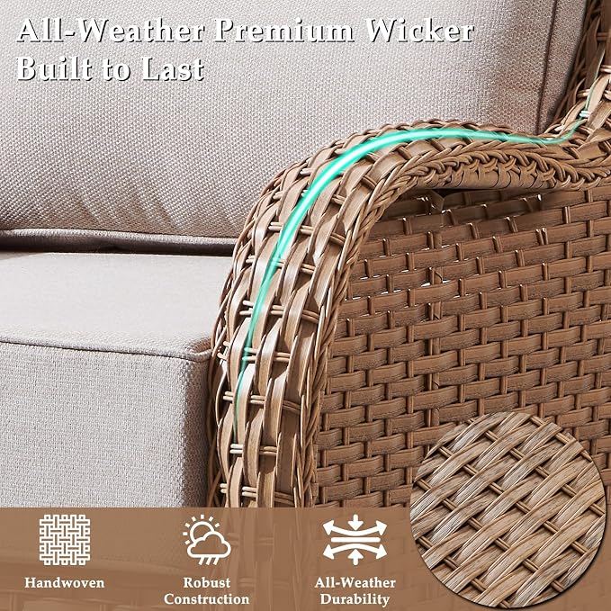 Luxury Patio Furniture Set with 42.5" Fire Pit Table, 6 Pieces High Back All Weather Wicker Outdoor Furniture w/ 6-Inch Thick Cushions, Patio Swivel Chairs Couch for Deck Balcony Backyard Yellow/Beige