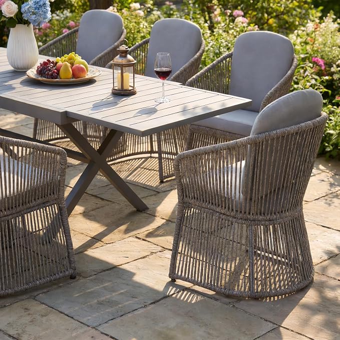 SUNSITT 9 Piece Outdoor Patio Dining Set, 65" - 107" Metal Expandable Outdoor Dining Table with X-Shape Legs, 8 Woven Wicker Outdoor Patio Chairs w/Curved Armrest for Garden, Dark Grey
