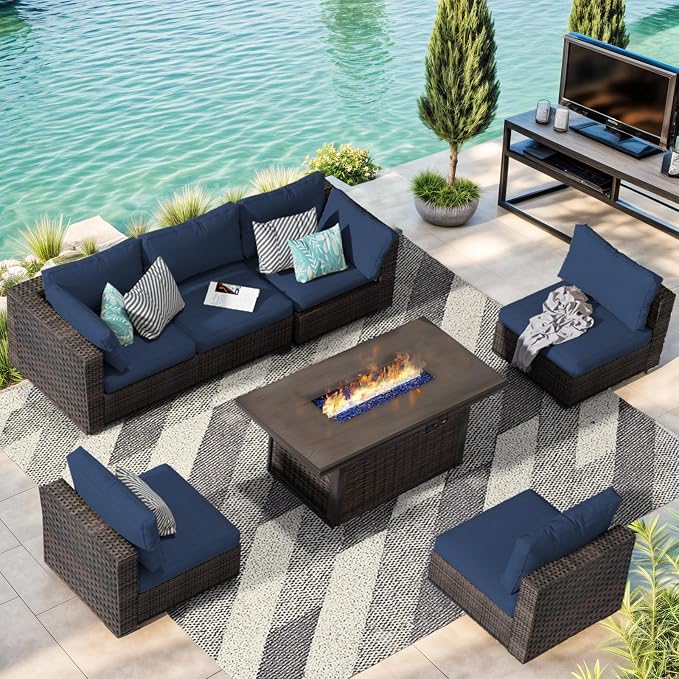 Grezone 7 Piece Patio Furniture Set with 44" Fire Pit Table, Outdoor Sectional Couch, PE Rattan Patio Conversation Sets with 4inch Cushions for Backyard Deep Blue (NY)