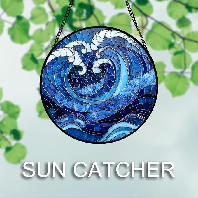 DASTOLL Stained Glass Window Hanging 4 Pcs Set Blue Ocean Waves 6.3" - Starfish Crab Seal Suncatcher Door Garden Sun Catcher Decor Birthday for Mom Woman Nana Men Friend