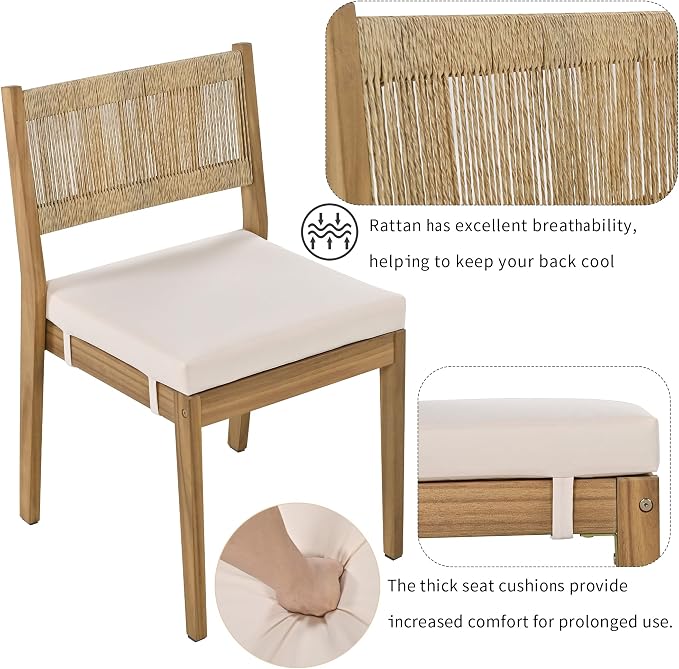 RUNNA Modern Acacia Wood Outdoor Dining Table and Chairs Set with Thick Cushions, Elegant Patio, Balcony, Garden Furniture for Entertaining (Beige-A2)