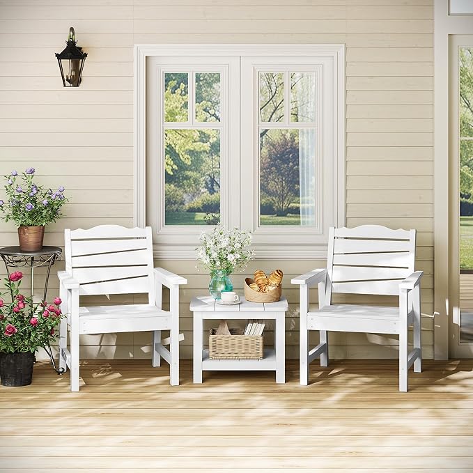 Patio Chairs Set of 2, Weatherproof HIPS Outdoor Dining Chair with Ergonomics Wide Seat, 400lbs Capacity Outdoor Chairs for Garden, Porch, Lawn & Backyard, White