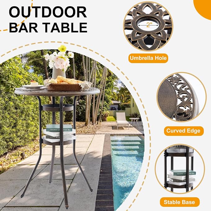 3-Piece Cast Aluminum Outdoor Bar Set, 31.5" Round High Top Patio Table & 2 Swivel Barstools with Cushions, Antique Bronze Rustproof Bistro Set for Balcony, Poolside & Deck