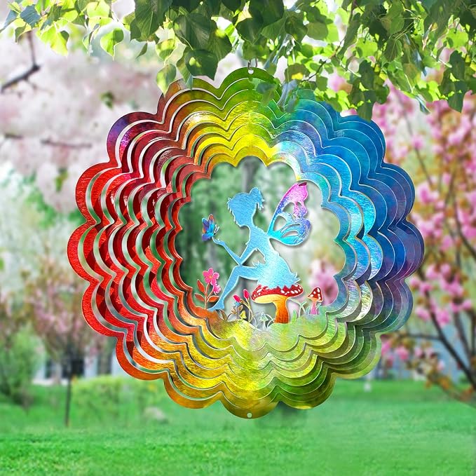 Fairy Wind Spinner - Kinetic Hanging Wind Sculpture | 12-Inch 3D Windcatcher for Garden, Metal Art Yard Decor, Outdoor Ornament & Lovely Gifts for Mother, Wife, Daughter, Girls & Women