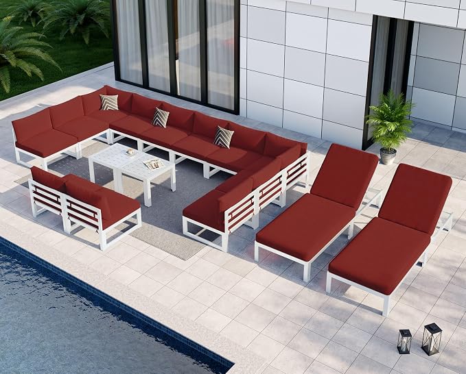NICESOUL 16 Piece Modern Aluminum Outdoor Patio Furniture Set with Chaise & Coffee Table, Extra Large All-Weather Modular Sectional Couch, 29" Wide Deep Seating Conversation Sofa for Poolside, Red