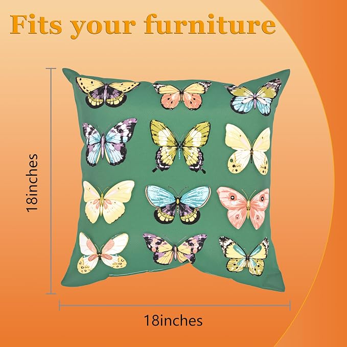 18" Outdoor Throw Pillows Set of 4, Waterproof & Fade Resistant Patio Furniture Pillows with Built-in Inserts, All-in-One Green Butterfly Print Design for Sofa, Patio or Backyard Relaxation
