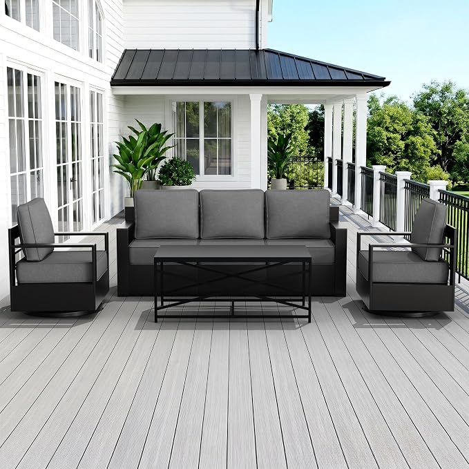 Outdoor Patio Furniture Set, 4-Piece Aluminum Patio Conversation Set All-Weather Metal Outdoor Sectional with 6 Inch Thick Cushions, Deep Setting for Garden, Outside and Porch, Grey