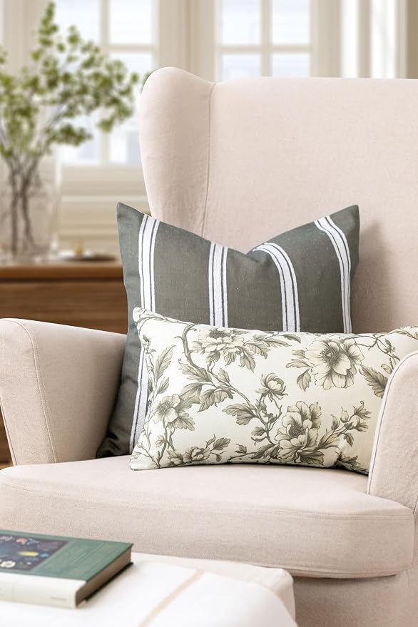 Modern Farmhouse California Casual Indoor Outdoor Throw Pillow Cover, 20"x20" Water Repellent for Patio, Backyard, Couch, Poolside, Oliver Green White Embroidered Stripes