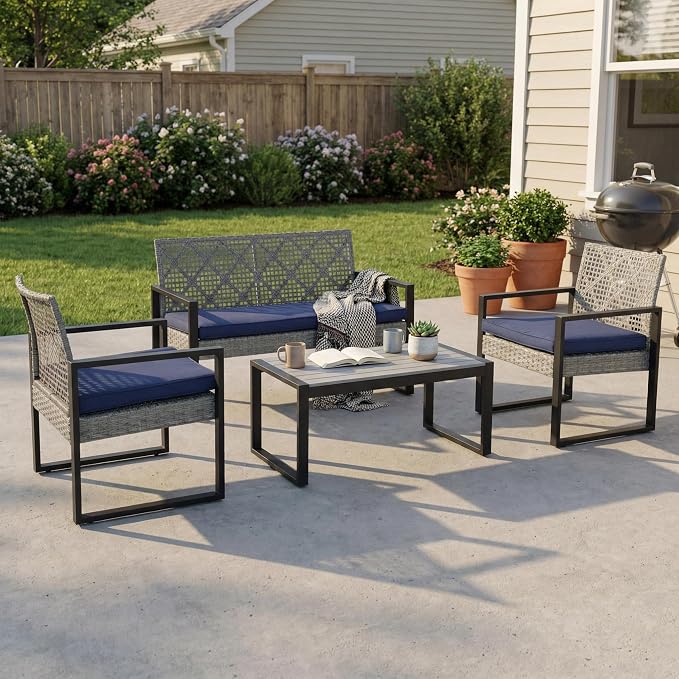 OVENTA Outdoor Patio Furniture Set, 4 Piece Rattan Chairs with Coffe Table for Backyard, Balcony, Deck, Front Porch, Patio Conversation Seating Sets for Outside, Juego Muebles de Exterior(Light Gray)