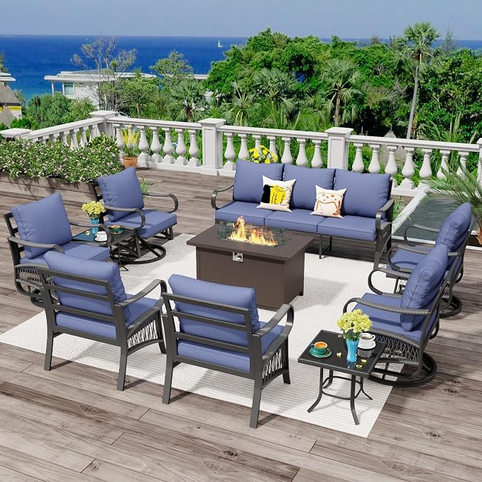 10 Piece Patio Furniture Set with 50000 BTU Propane Fire Pit Table, All Weather Outdoor Conversation Set with 4 Swivel Chairs, Sofa and Thick Cushions for Garden, Porch, Lawn, Blue