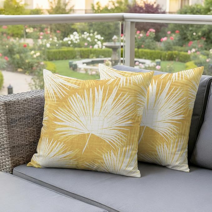 Throw Pillow Covers 20x20 Inch Set of 2, Yellow Palm Leaves Coastal Waterproof Outdoor Pillow Covers, Summer Tropical Botanical Boho Decorative Cushion Pillowcases for Couch, Sofa, Bed, Garden, Patio
