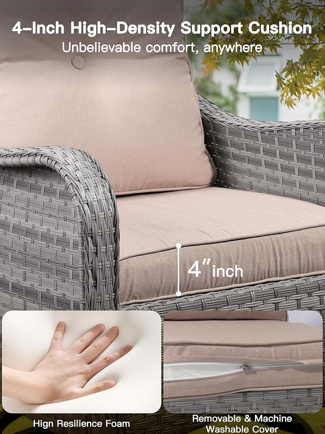 3-Piece Patio Furniture Set, Outdoor Swivel Rocking Chairs with 4" Thick Cushions & Side Table, All-Weather PE Rattan & Rust-Resistant Steel Frame Conversation Set for Porch, Garden, Backyard, Beige