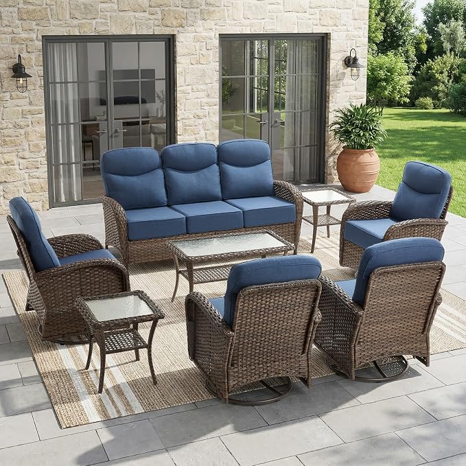 8-Piece Patio Furniture Set with Upgraded 6" Thick Cushion - High Back Outdoor Swivel Rocker Chairs with 3-Seater Sofa, Coffee Table,Wicker Outdoor Conversation Set for Deck, Porch, Yard, Poolside