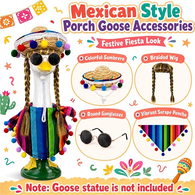 Porch Goose Mexican Outfits Wigs Brown 4 Pieces Porch Goose Mexican Fiesta Outfits with Brown Wigs Outdoor Decor for Lawn Goose Statues
