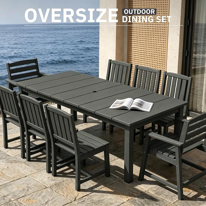 AreShark 9-Piece Outdoor Dining Set,HDPE Patio Table with 8 Chairs,All-Weather Patio Furniture Set with Umbrella Hole,Low Maintenance Wood Grain Dining Set for Backyard,Garden,Poolside,Gray