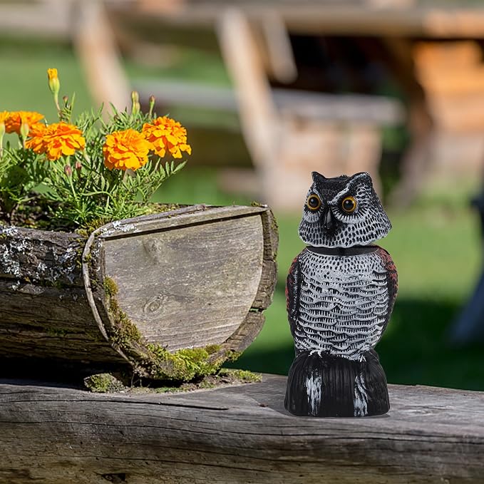 Hausse 3 Pack Bird Scarecrow Mini Fake Owl Decoy Sculpture, 8.26 inch Wagging Head Plastic Small Owl Bird Deterrents, Nature Enemy Horned Pest Repellent for Outdoor Garden Yard