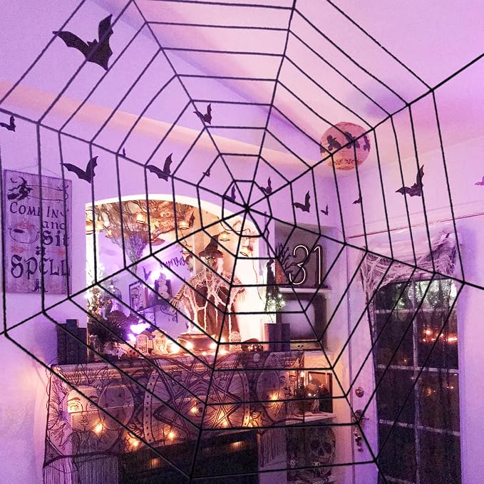 12 FT 9-Ring Spider Web Halloween Decorations, Giant Rope Fake Spider Web for Scary Haunted House, Outdoor Yard, Porch, Wall, and Spooky Trick-or-Treat Hanging Party Decor (Black)