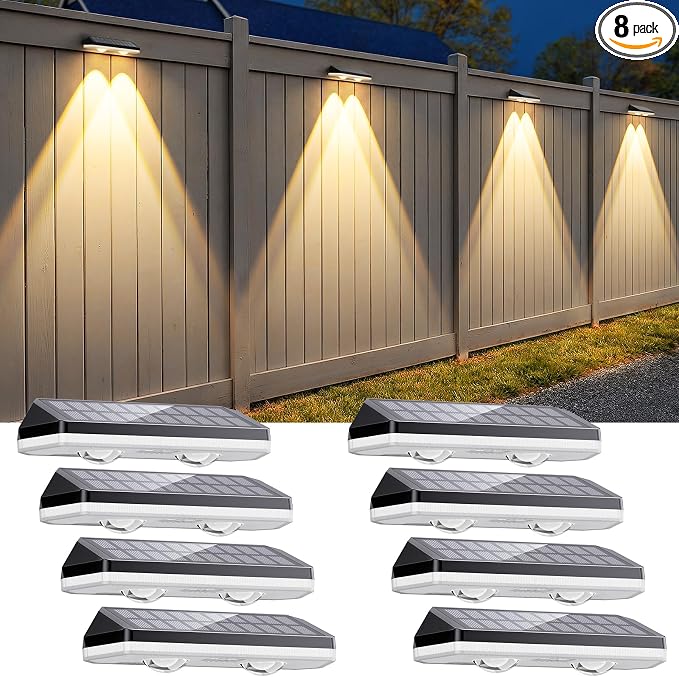 Solar Fence Lights Outdoor,3000/4500/6000K/RGB 13 Mode 8PACK Fence Lights Solar Powered High Brightness LED Lens IP65 Waterproof Solar Wall Light for Outside/Patio/Step/Backyard/Railing/Pool/Deck