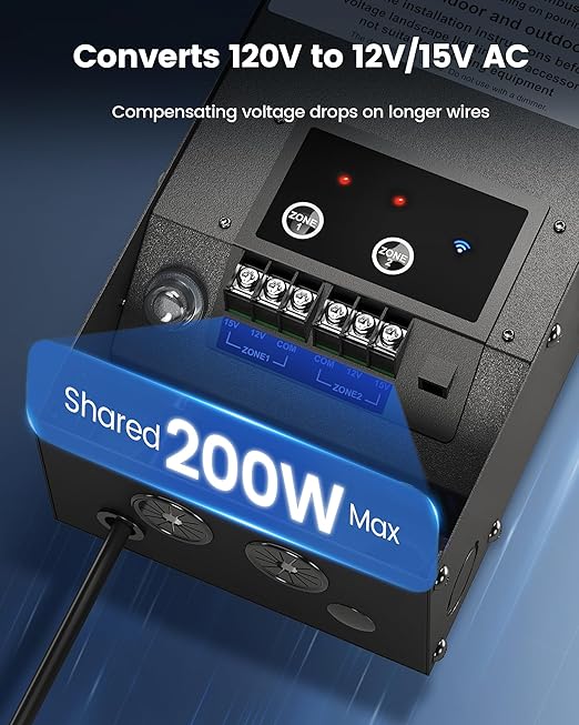 SURAIELEC Smart Wi-Fi Low Voltage Transformer, 200W Indoor Outdoor Landscape Lighting Transformer with 2 Zones, 120V AC to 12V 15V AC Multi Tap Power Supply, Works with Alexa & Google Assistant