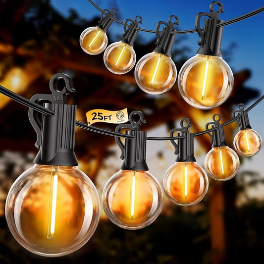 Outdoor String Lights, 25FT 12 LED Bulbs String Lights, IP65 Waterproof Connectable G40 Outside Patio Light for Backyard Porch Balcony Garden Decor Christmas Camping Gazebo