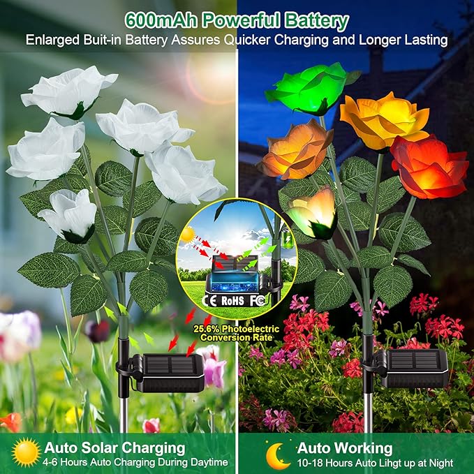 Garpar 6Pack Solar Flowers Lights Outdoor Waterproof - 2026 Upgraded Brighter Solar Garden Lights with 30 Beautiful & Realistic Rose Flowers - Colorful Solar Outdoor Lights for Yard Garden Decor