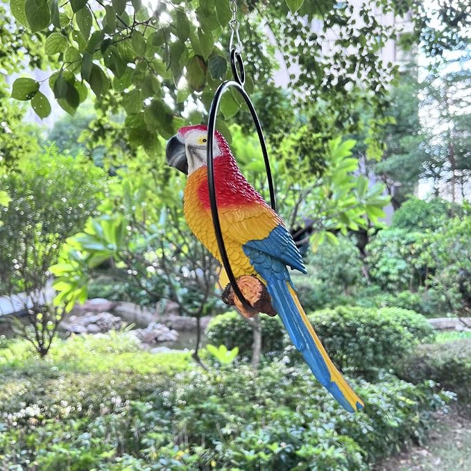 Lifelike Parrot Garden Statues Hanging Decor Ornaments Figurines Sculpture for Patio Lawn Yard, Blue Tail