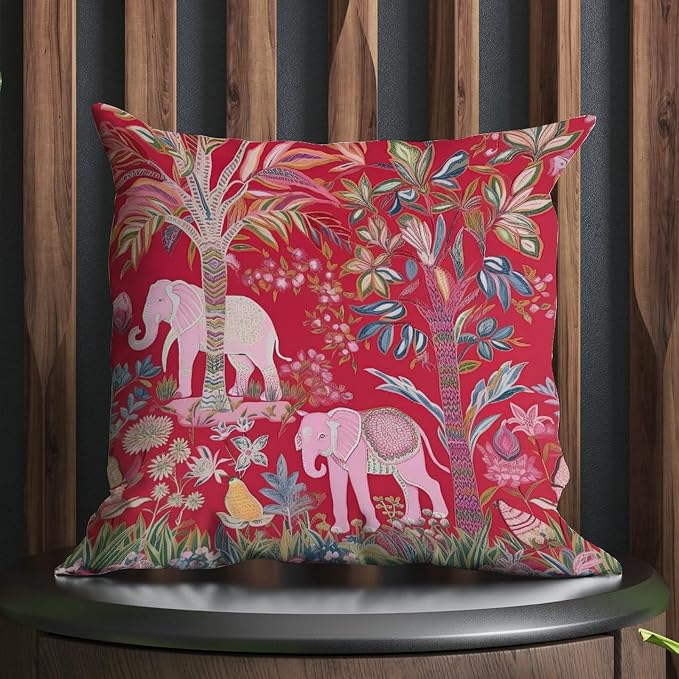 Pillowcase Animal Pink Chinoiserie Pillows Farmhouse Thailand Elephant Jungle Pillow Cover Accent Decorative Cushion Cases Home Decor for Sofa Patio Couch 24x24 in