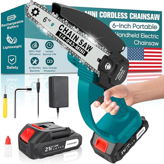 6-Inch Mini Cordless Chainsaw, Battery Powered Hand Held Electric Saw, High Speed Portable Saw for Tree Trimming, Branch Pruning, Wood & Soft Metal Cutting, Automatic Lubrication and Safety Protection