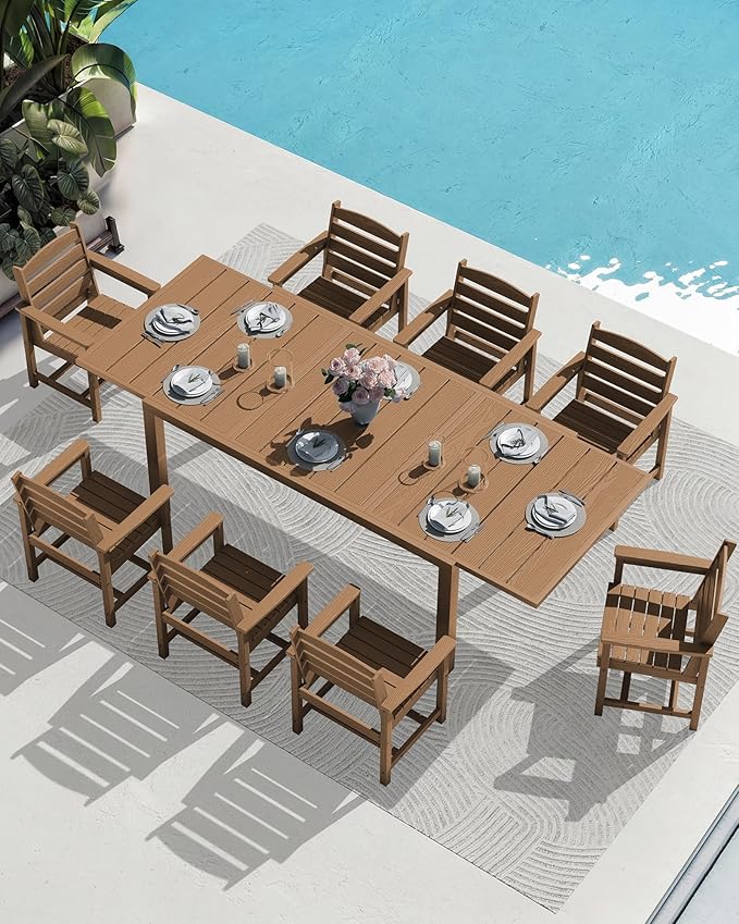 SERWALL 10-Piece Patio Dining Sets with 15FT Patio Umbrella, 60" - 83" Expandable Outdoor Dining Table and 8 HDPE Chairs, All Weather HDPE Outdoor Furniture Set (Umbreall Base not Included)