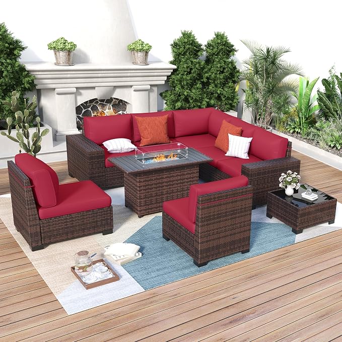 Patio Furniture with Fire Pit Table,8‘’ Wide armrest Outdoor Sectional Rattan Sofa Set, Wicker Patio Furniture Sets w/Coffee Table,Thick Cushions and Cover for Porch, Deck, 9 PC(Brown&Wine)