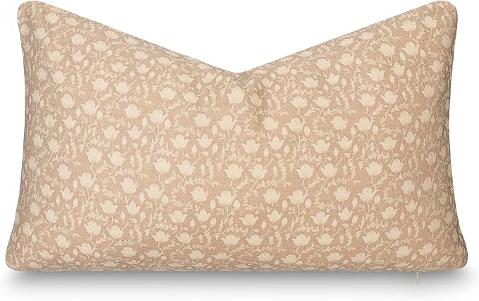 Modern Farmhouse California Casual Indoor Outdoor Lumbar Pillow Cover, 12"x20" Water Repellent for Patio, Backyard, Couch, Poolside, Ivory Cream Tan Print Botanical Flowers and Leaves