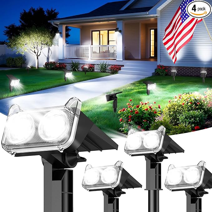 LETMY Solar Lights Outdoor Waterproof IP65, 4 Pack Solar Spot Lights Outdoor With 14 Big LEDs, 2-in-1 Wall Lights & 2 Modes Solar Powered Landscape Spotlights for Garage Pathway Yard Decor Garden Gift