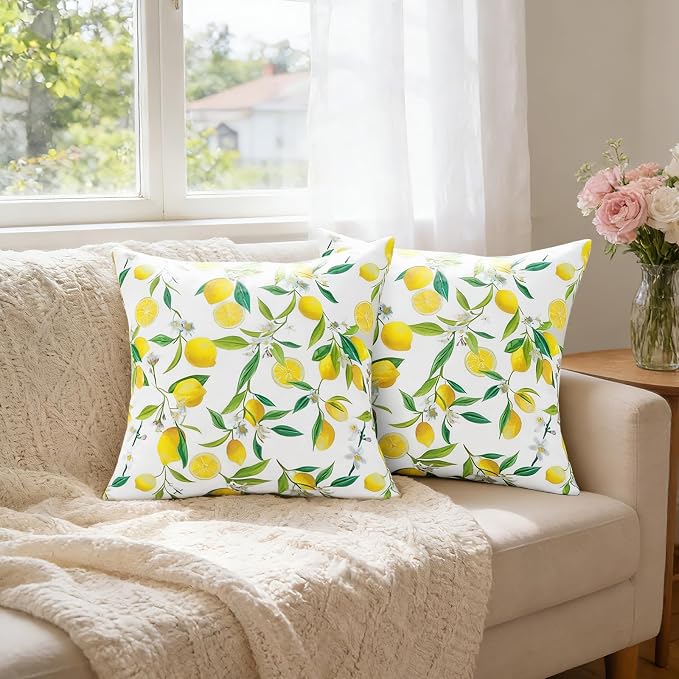 SquarePie Outdoor Pillow Covers 18x18 Inch Set of 2 - Waterproof Lemon Square Cushion Covers for Patio Garden Furniture, Summer Yellow Citrus Decorative Throw Pillow Cases for Couch Sofa Balcony Bench