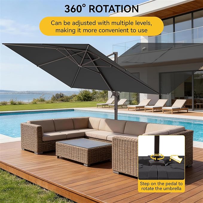 9x12 FT Cantilever Patio Umbrella, Large Rectangular Offset Outdoor Umbrella with 360° Rotation, Heavy Duty Shade Umbrella for Garden Backyard Deck Poolside Courtyard, Grey