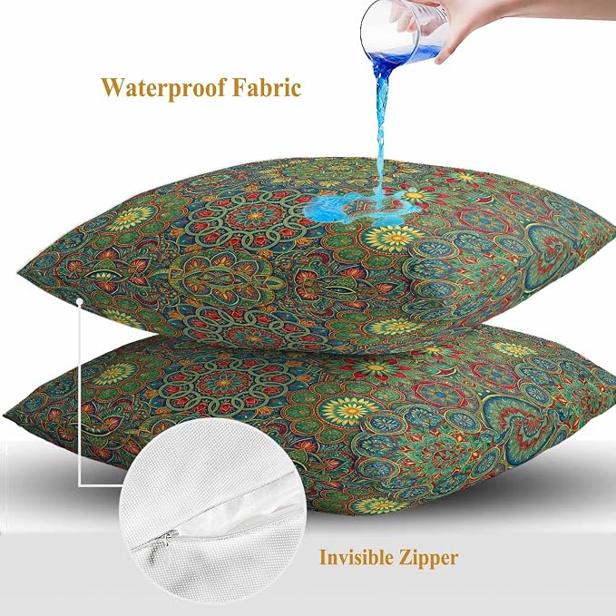 Bohemian Green Floral Outdoor Waterproof Pillow Covers Pack of 2, Boho Tribal Ethnic Abstract Geometric Flower Throw Pillowcases Decorative Cushion Covers for Garden Patio Tent Sofa Couch, 24x24 inch