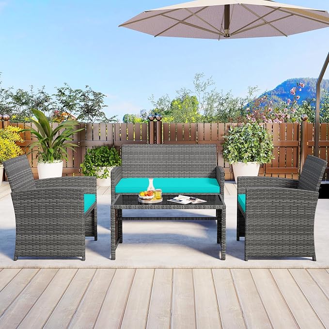 HAPPYGRILL 4 Piece Rattan Wicker Patio Conversation Set, Outdoor Furniture with Chair Loveseat Table & Cushion, for Backyard Porch Balcony (1, Turquoise)