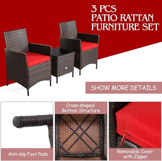 COSTWAY 3 Pieces Patio Rattan Furniture Set, Outdoor Wicker Cushioned Sofa with Tempered Glass Tabletop, Rattan Conversation Set for Porch Yard Balcony Backyard Pool, Red