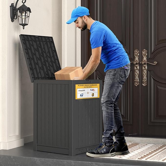 LHBGO Package Delivery Box for Outside, with Delivery Sign 48 Gallon Storage with Lockable Secure, Large Resin Outdoor Package Drop Container