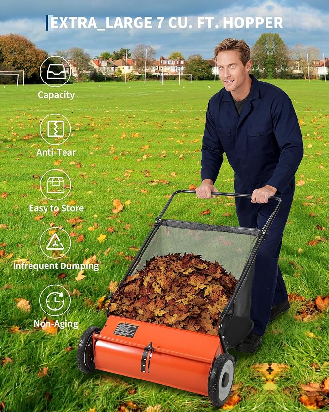 Takywep 26-Inch Push Lawn Sweeper, Anti-Rust Steel Frame, 4 High-Density Brushes, Adjustable Height, 7 Cu.Ft Collection Bag for Yard Debris (Orange & Black)