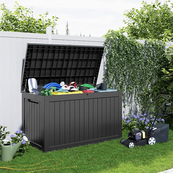 PatioZen 280 Gallon Outdoor Deck Box,Waterproof Resin Outdoor Storage Boxes, Outside Storage Lockable Container for Garden Tools,Indooor Cushions,Accessories (Black)