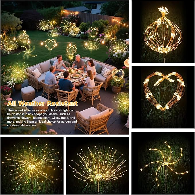Solar Garden Firework Lights Outdoor Waterproof, 2 Pack Solar Lighting with 8 Lighting Modes, 120 LED Sparklers String Lights for Outside Decor Yard Pathway Decorations(Warm)