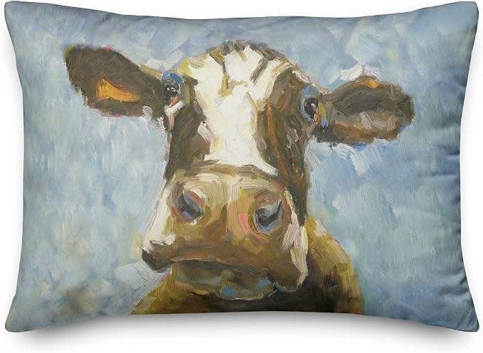 Blue Painted Cow Indoor/Outdoor Pillow | Decorative Pillows for Living Room Couch Bed Sofa Patio, Fluffy Soft Cushion | Water Resistant Multi, 14x20