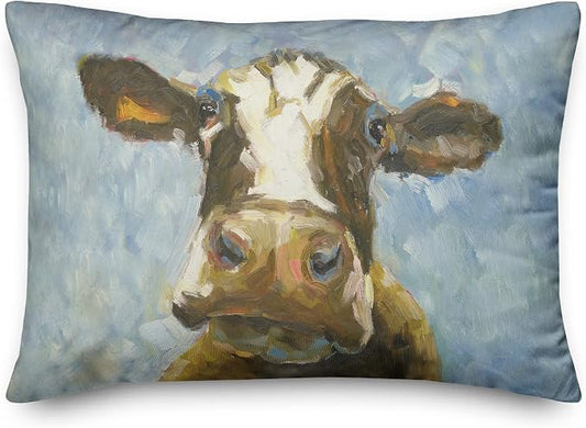 Blue Painted Cow Indoor/Outdoor Pillow | Decorative Pillows for Living Room Couch Bed Sofa Patio, Fluffy Soft Cushion | Water Resistant Multi, 14x20